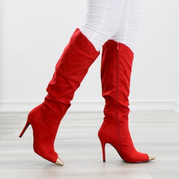 Shoes - Fancy Pointy Toe Below The Knee Red Boots Suede